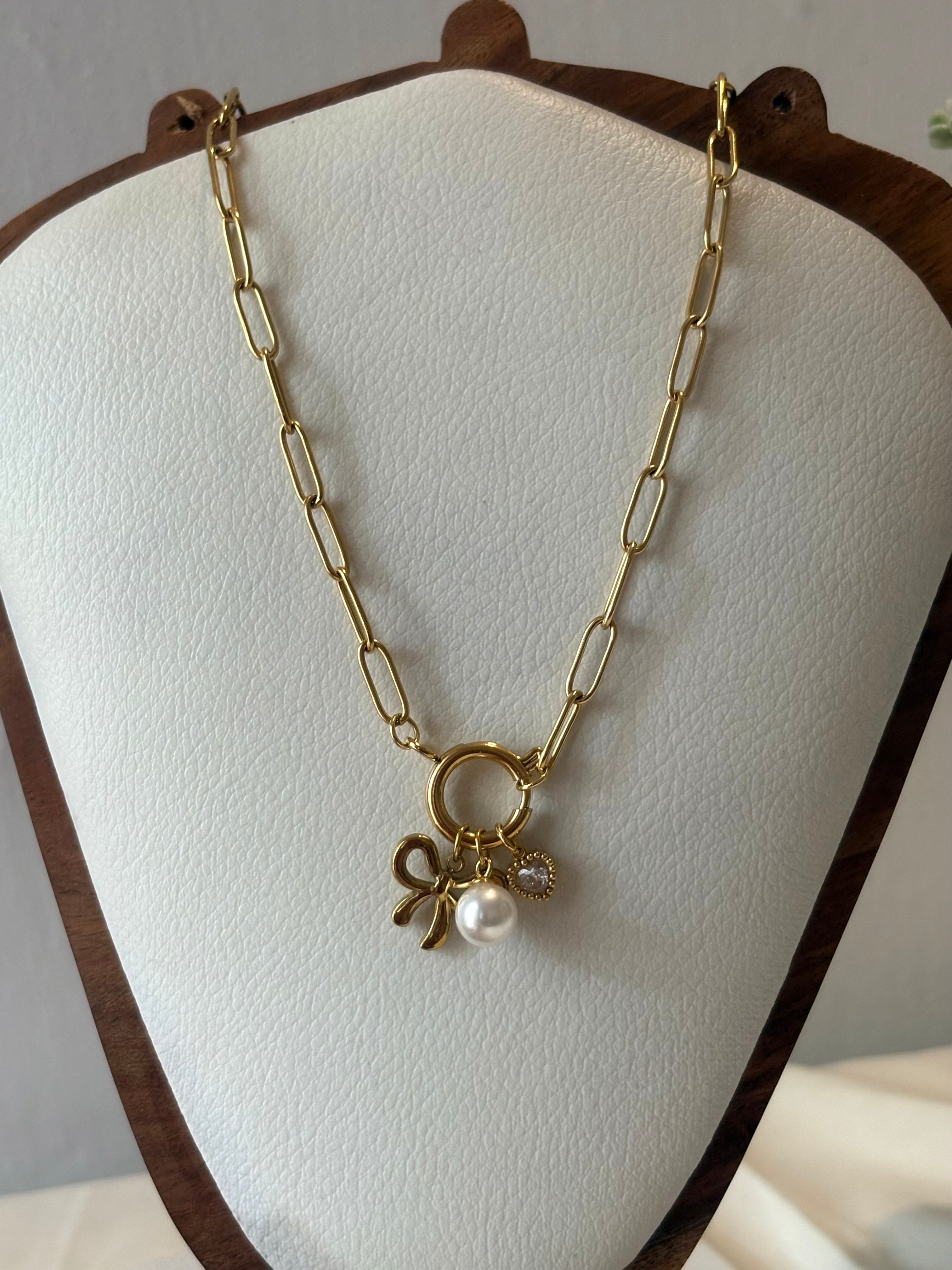 Pearl Bow Charms Necklace