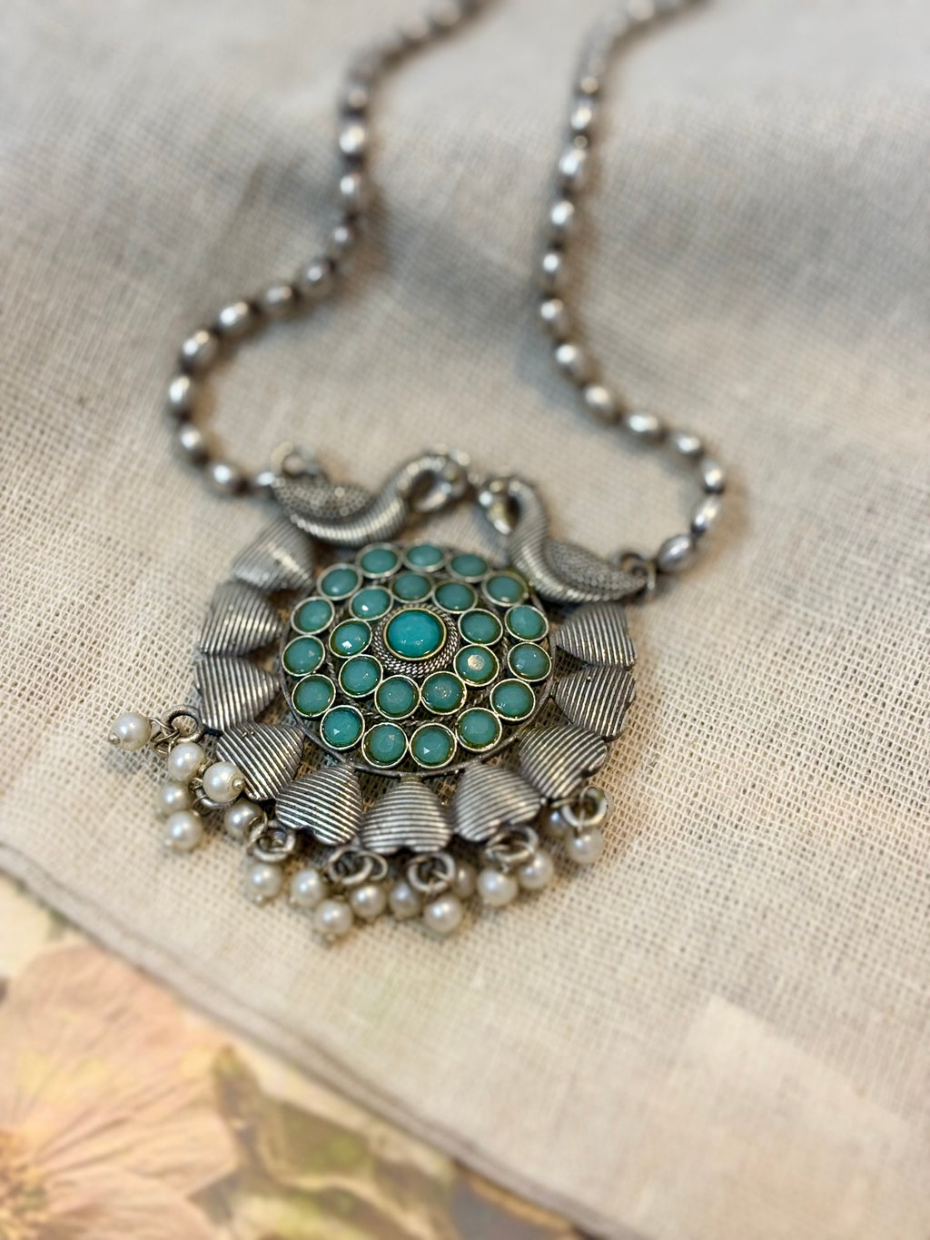 Oxidised Peacock Necklace with Mint stones