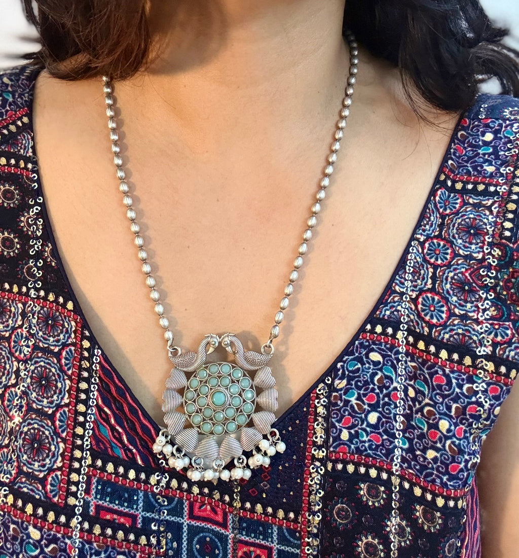 Oxidised Peacock Necklace with Mint stones