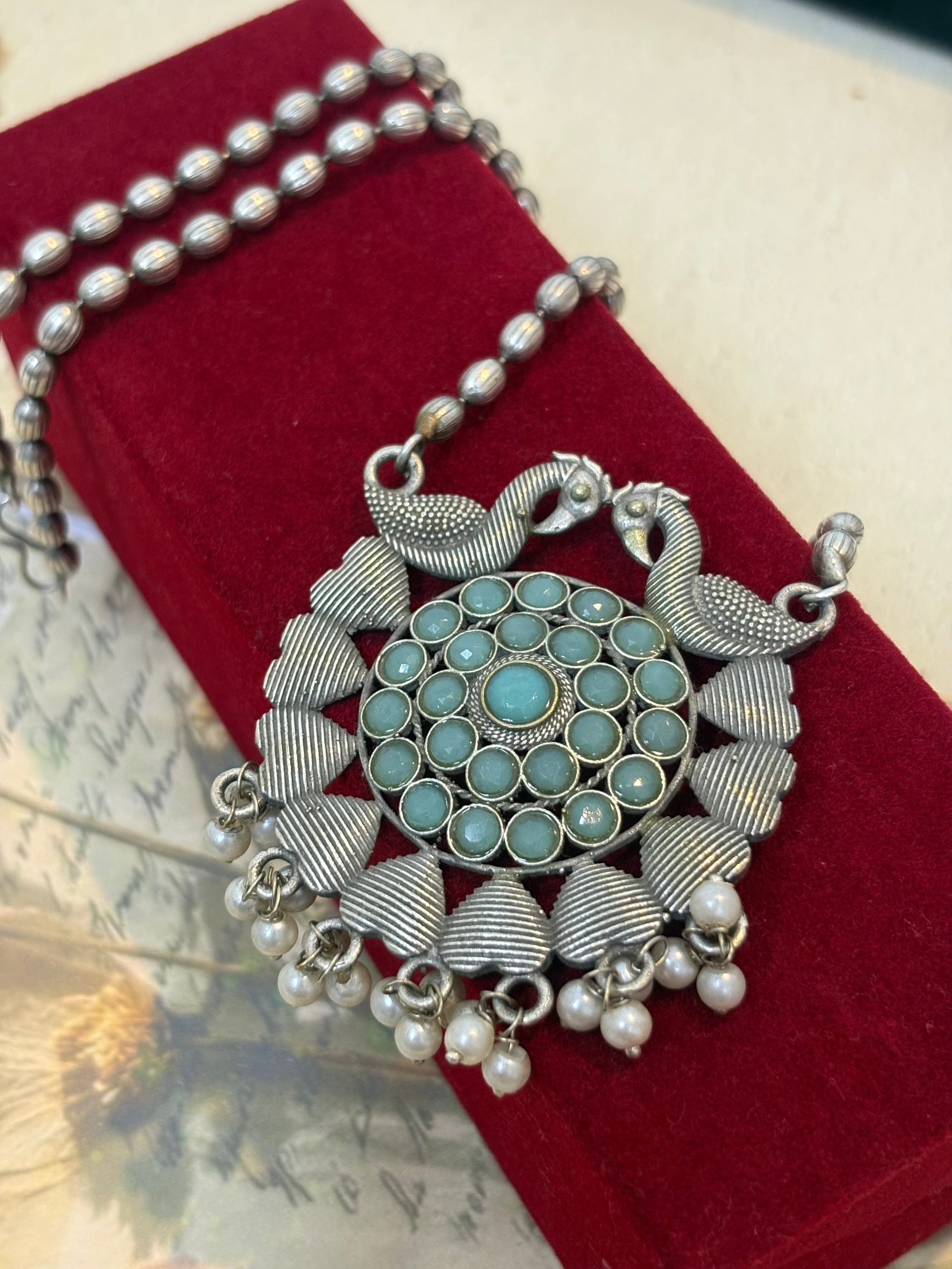 Oxidised Peacock Necklace with Mint stones