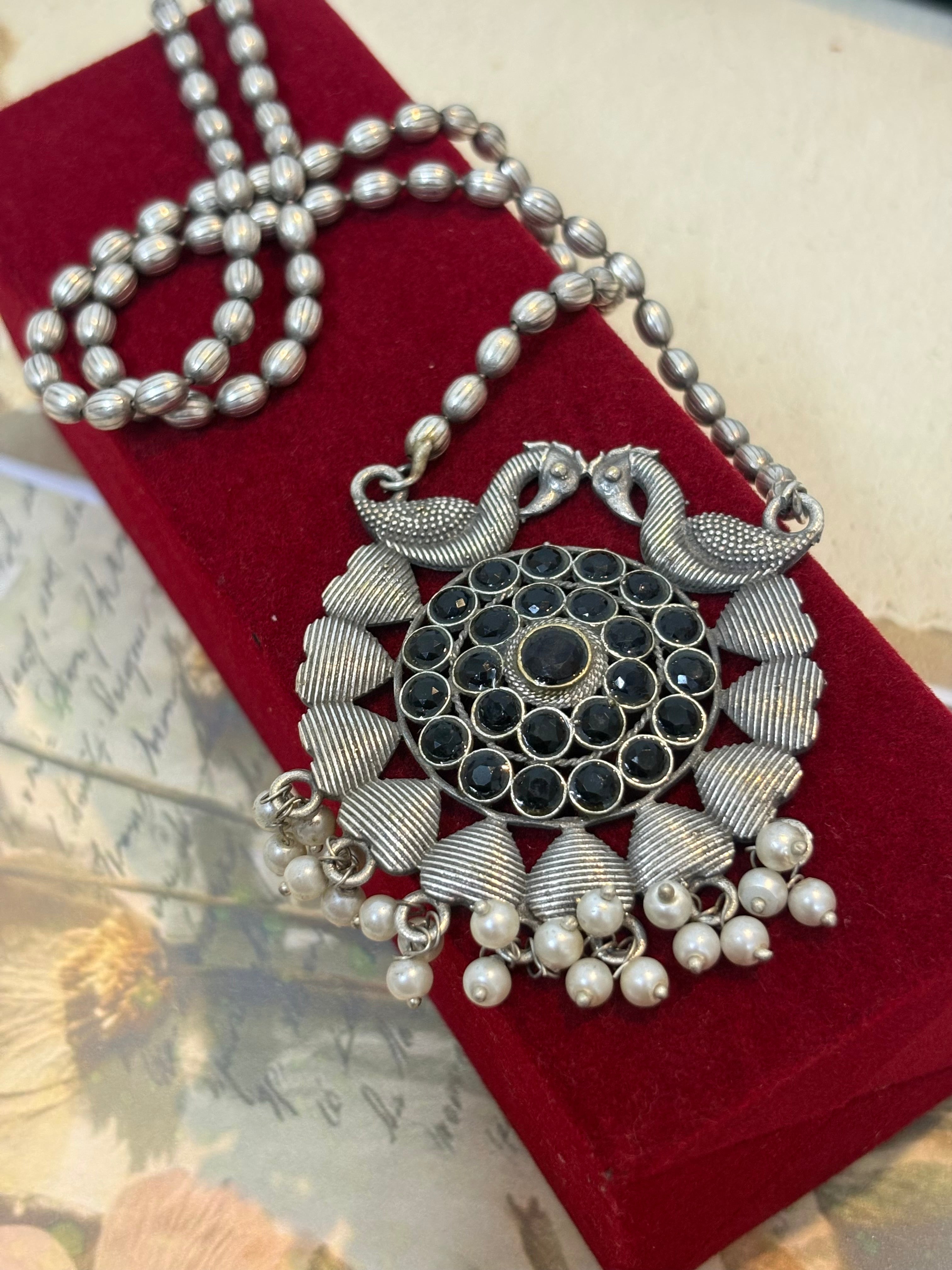 Oxidised Peacock statement Necklace with Black stones