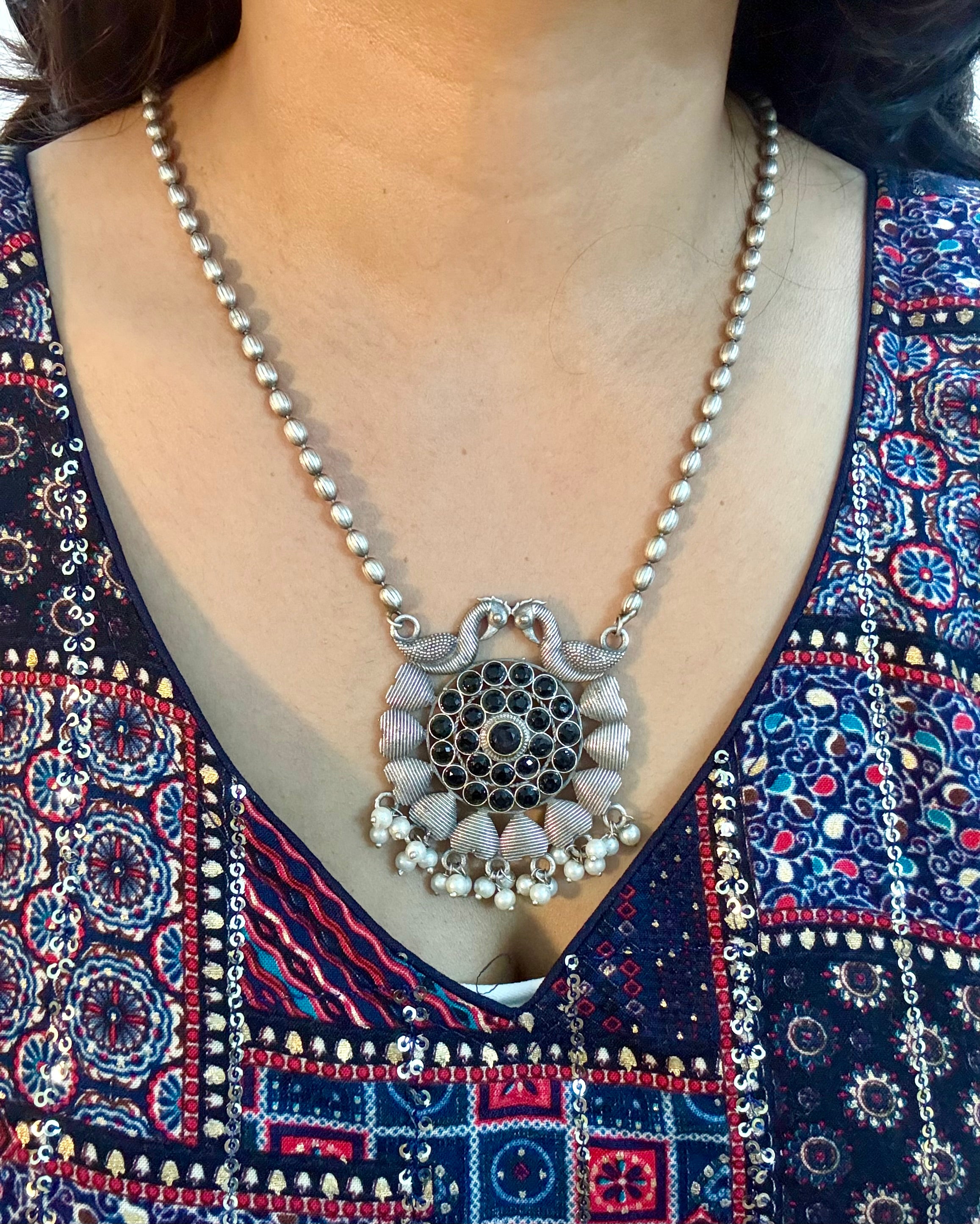 Oxidised Peacock statement Necklace with Black stones
