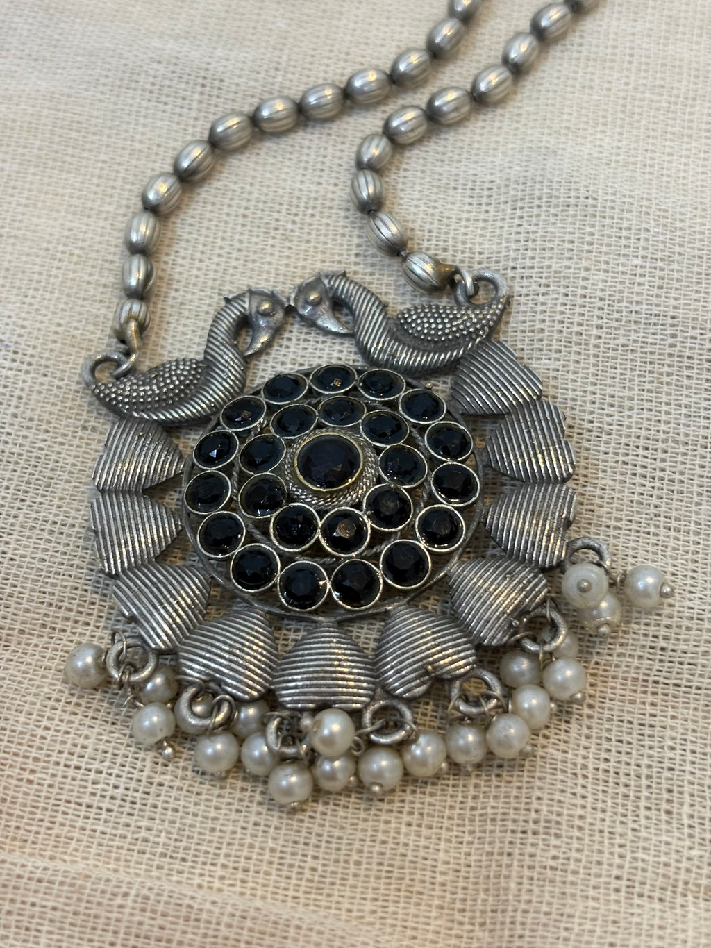Oxidised Peacock statement Necklace with Black stones