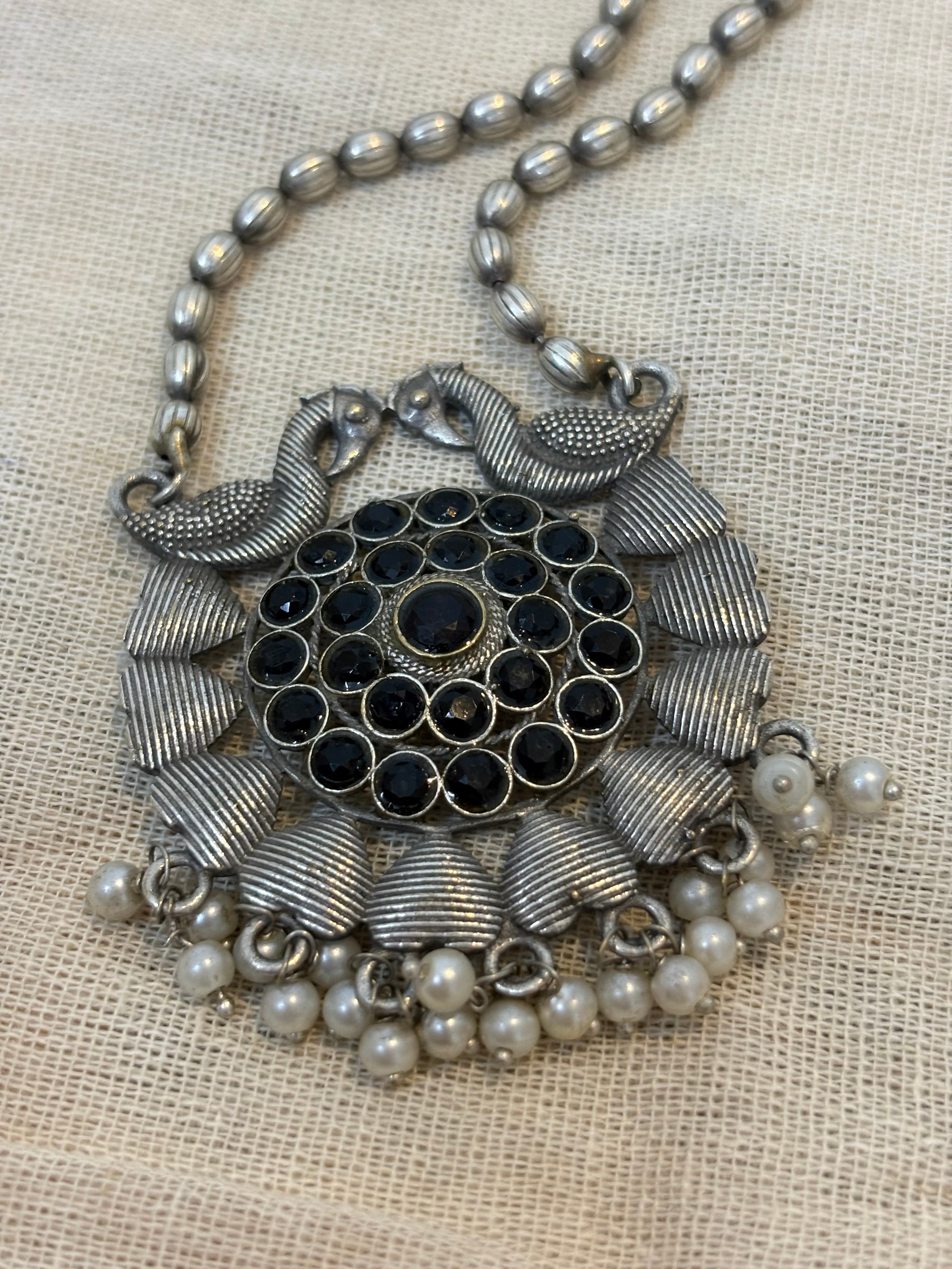Oxidised Peacock statement Necklace with Black stones